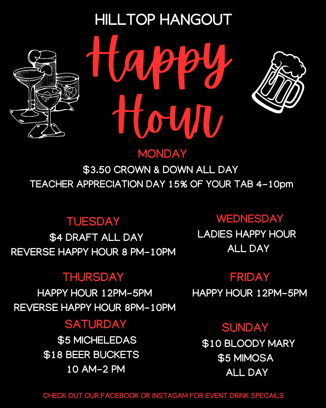 Hilltop Hangout happy hour — weekly drink specials