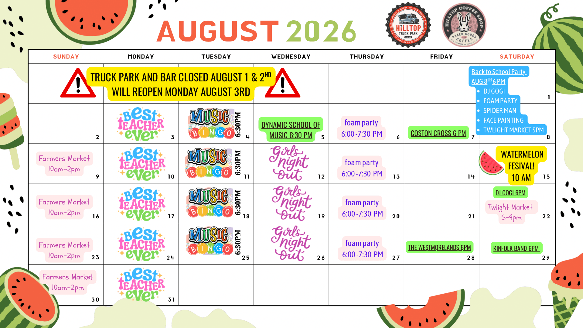 Monthly schedule at Hilltop Truck Park