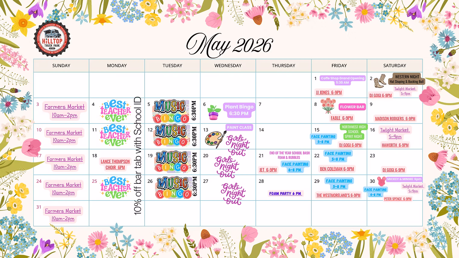 Monthly schedule at Hilltop Truck Park