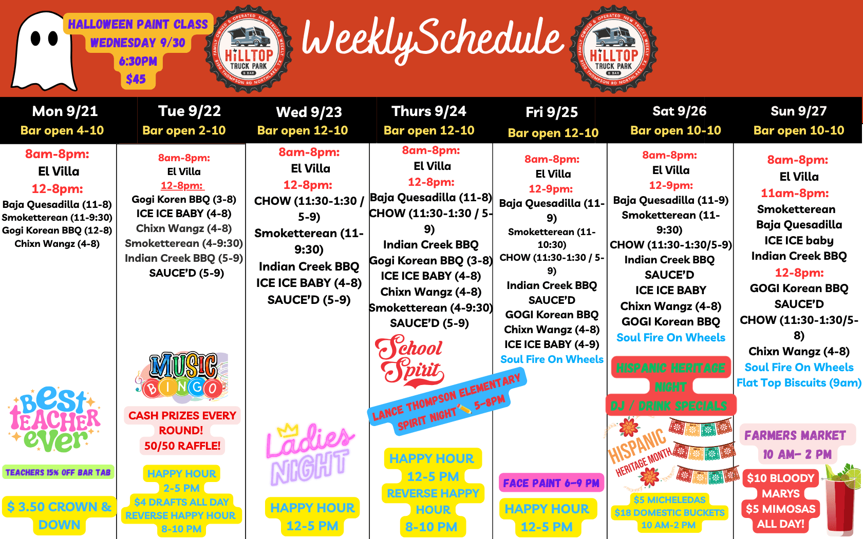 Weekly schedule at Hilltop Truck Park