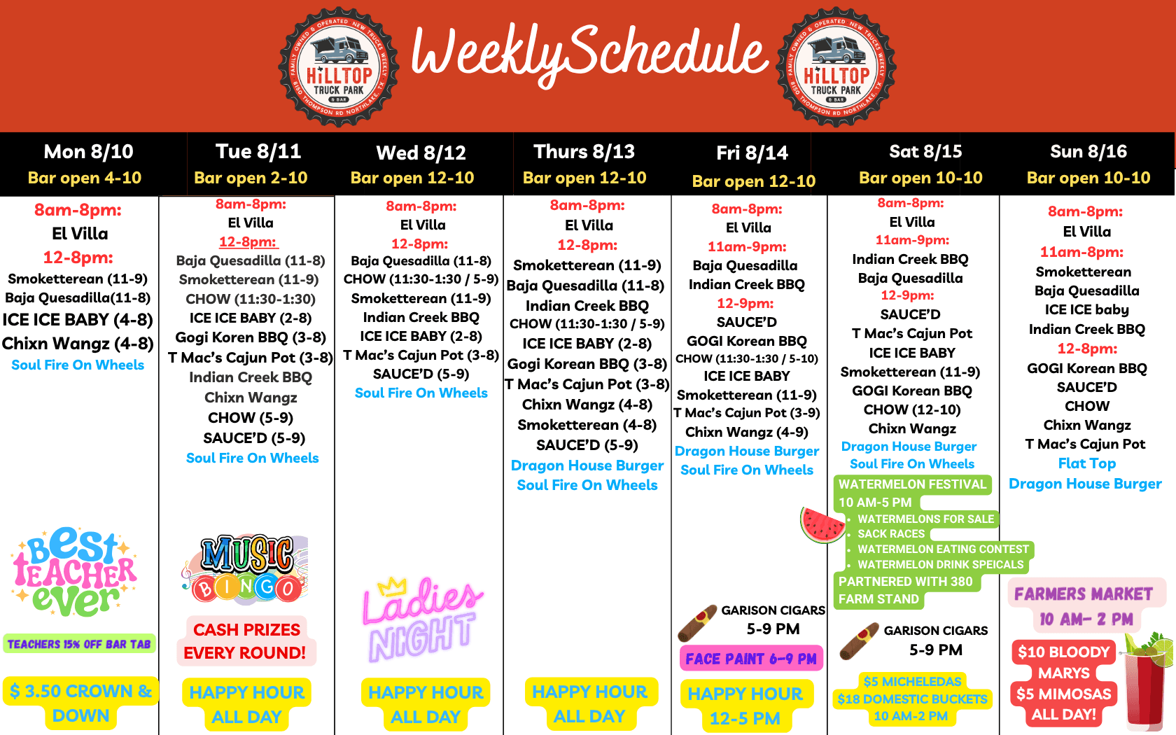 Weekly schedule at Hilltop Truck Park