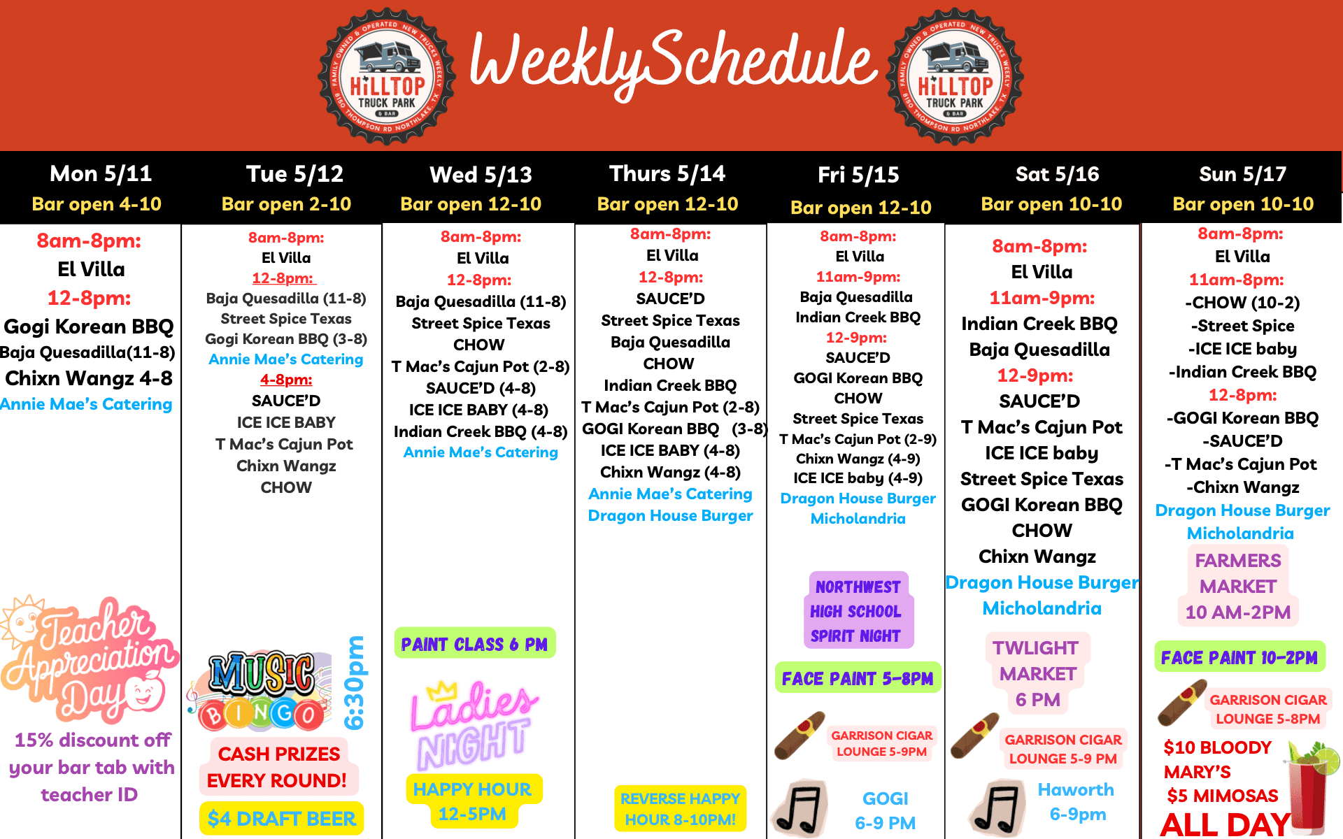 Weekly schedule at Hilltop Truck Park