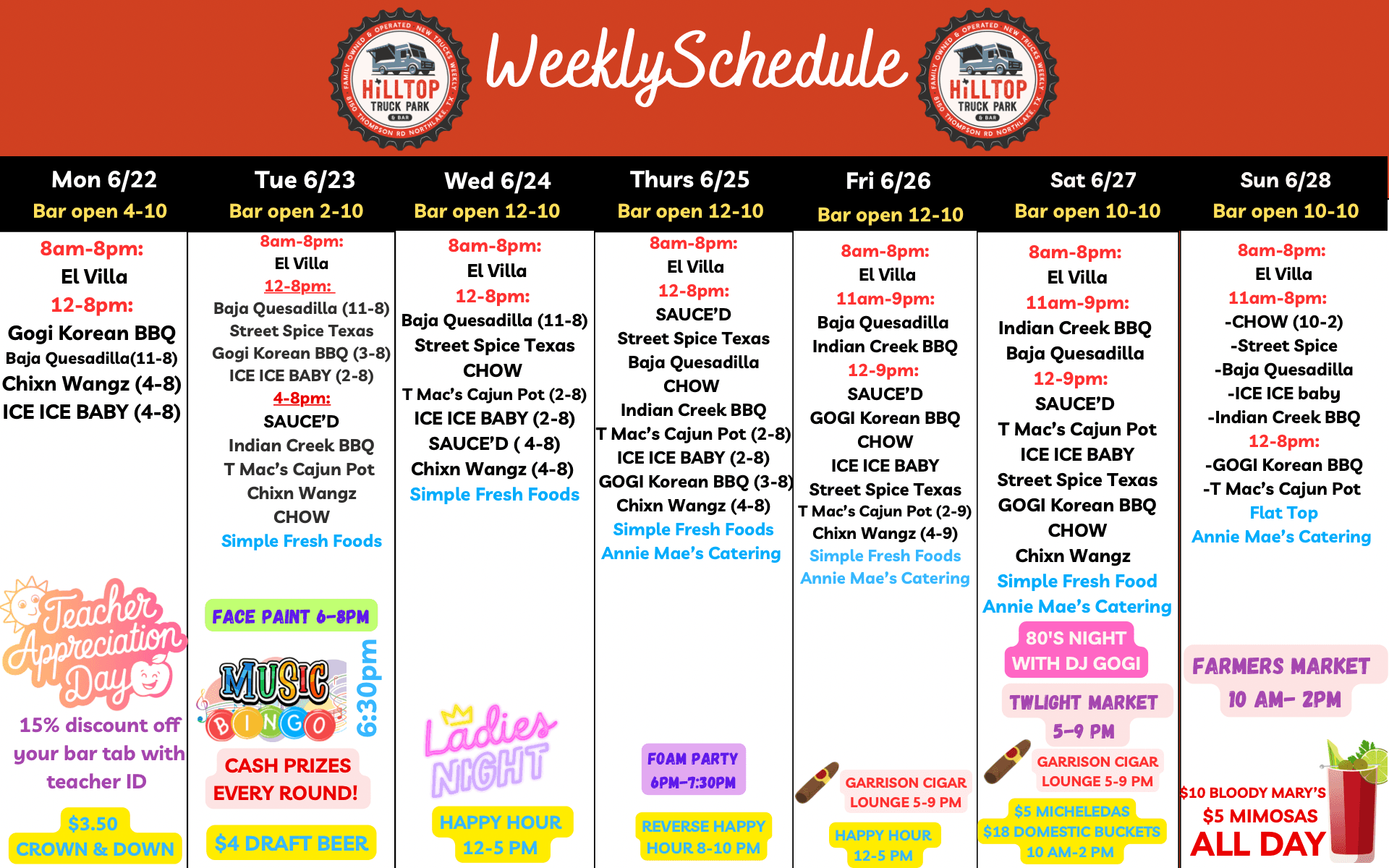 Weekly schedule at Hilltop Truck Park